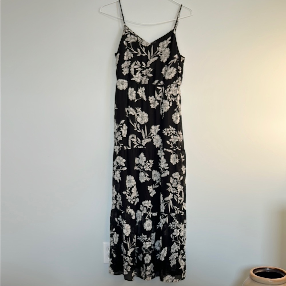 J. Crew Black + White Floral Spaghetti Strap Tiered Maxi Dress Wedding Guest